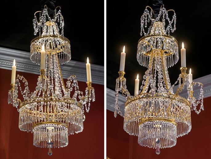 Werner &amp; Mieth - A pair of neoclassical crystal, brass and bronze chandeliers | MasterArt